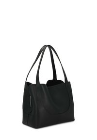 Svart läder tote-väska med dubbla handtag, rymligt inre, mjuk textur och en sidoficka med dragkedja. Rundad form med minimal detaljering.