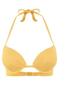 Bikini-Oberteil in leuchtendem Gelb, gepolsterte Dreiecks-Cups, verstellbare Bänder und ein Verschluss auf der Rückseite. Glatte Textur, minimalistisches Design.
