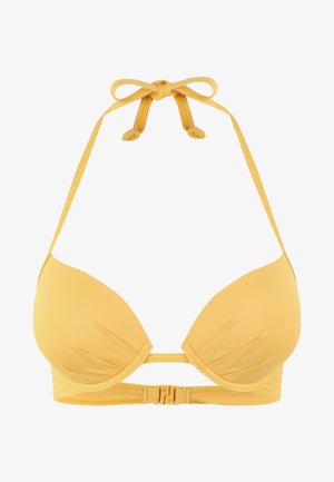 Swimsuit bikini top in bright yellow, padded triangle cups, adjustable ties, and a clasp closure at the back. Smooth texture, minimal design.