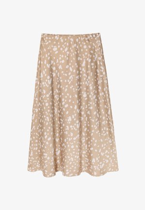 Schwingender Rock aus leicht beigem Stoff mit einem weißen, abstrakten Punktenmuster. Verfügt über eine glatte Textur und einen Saum, der sanft nach außen ausgestellt ist.