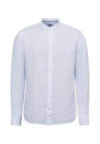 Hellblaues Langarmshirt mit Stehkragen, Knopfverschluss, subtiler Textur und kleinem gesticktem Logo auf der Brust.