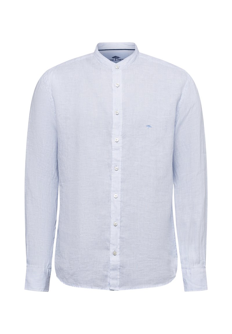 Hellblaues Langarmshirt mit Stehkragen, Knopfverschluss, subtiler Textur und kleinem gesticktem Logo auf der Brust.