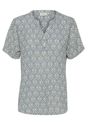 Short-sleeve blouse in light fabric, featuring a blue and cream floral pattern, with a narrow neckline and button closure at the front.