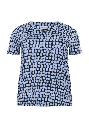 Short-sleeve top featuring a navy background with a light blue textured pattern of overlapping squares. Soft material with a relaxed fit.
