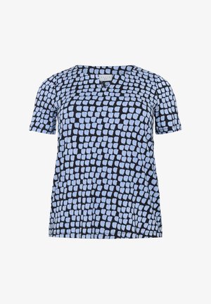Kurzarmoberteil mit einem marineblauen Hintergrund und einem hellblauen strukturierten Muster aus überlappenden Quadraten. Weiches Material mit einer lockeren Passform.
