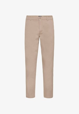 Beige Baumwollhose im Slim-Fit. Mit einem Knopf- und Reißverschluss auf der Vorderseite, Gürtelschlaufen und geraden Beinen ohne sichtbare Muster.