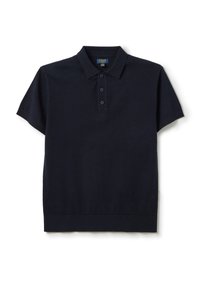 Marineblauwe polo met korte mouwen, gemaakt van zachte katoen, met een klassieke kraag, een drieknoopsluiting en een geribde zoom.