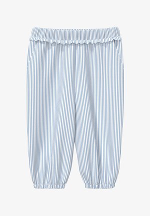 Pantalon court à rayures bleu clair et blanc avec une taille élastique et un bord volanté. Comprend des poches latérales et des poignets froncés à l'ourlet.