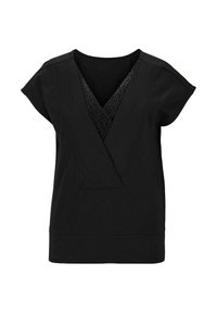 Schwarzes Kurzarmoberteil mit tiefem V-Ausschnitt, ausgestattet mit einem strukturierten Einsatz mit kleinen Ausschnitten. Weicher Stoff und lockere Passform.