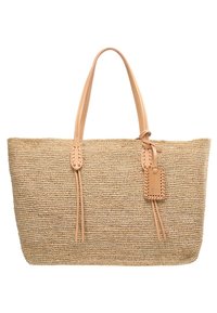 Borsa tote grande realizzata in paglia intrecciata con base e manici in pelle marrone chiaro. Presenta un elemento decorativo in pelle intrecciata. Texture liscia.