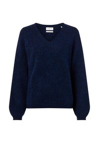 Dunkelblaues, flauschiges Langarm-V-Ausschnitt-Sweatshirt mit lockerer Passform und gerippten Bündchen und Saum.