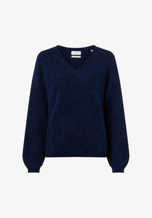 Dunkelblaues, flauschiges Langarm-V-Ausschnitt-Sweatshirt mit lockerer Passform und gerippten Bündchen und Saum.