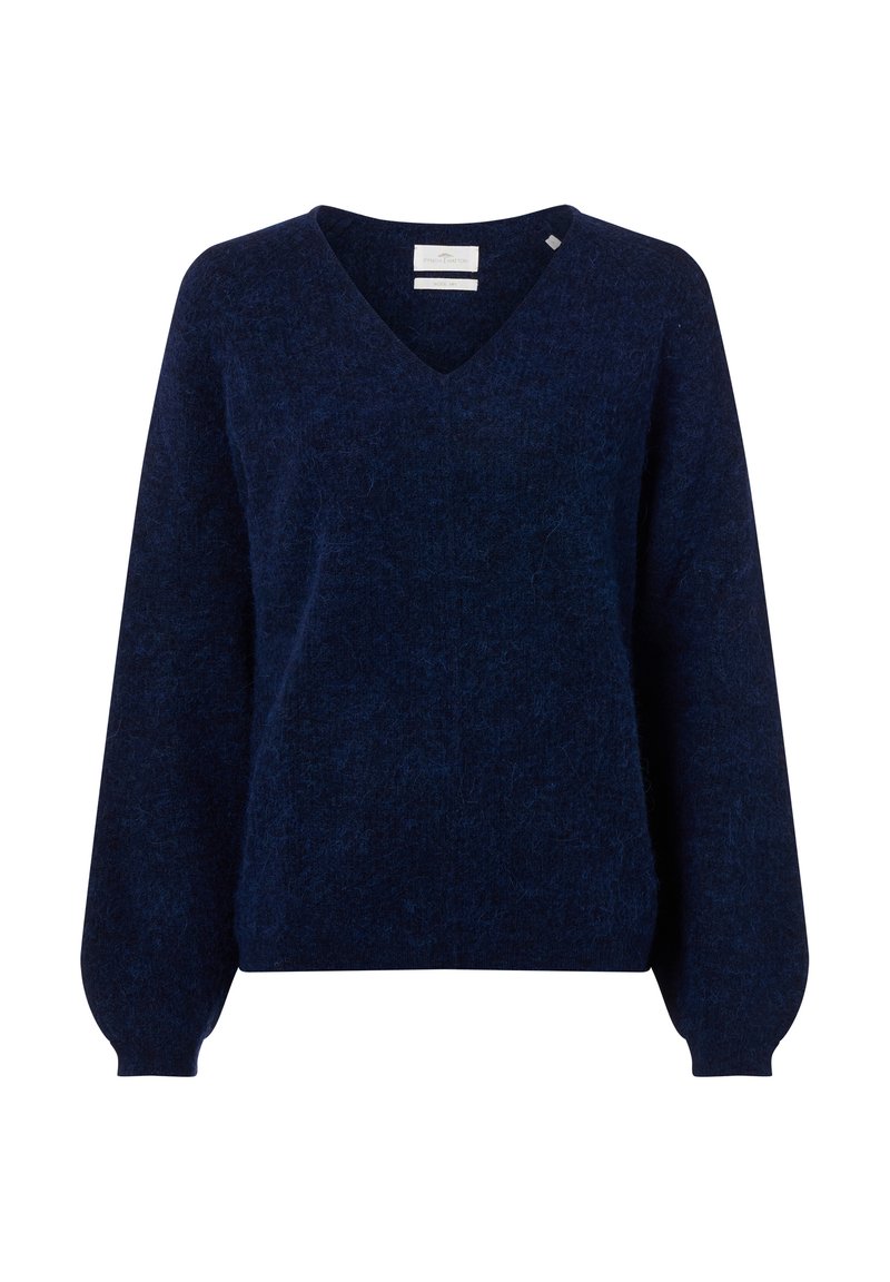 Dunkelblaues, flauschiges Langarm-V-Ausschnitt-Sweatshirt mit lockerer Passform und gerippten Bündchen und Saum.