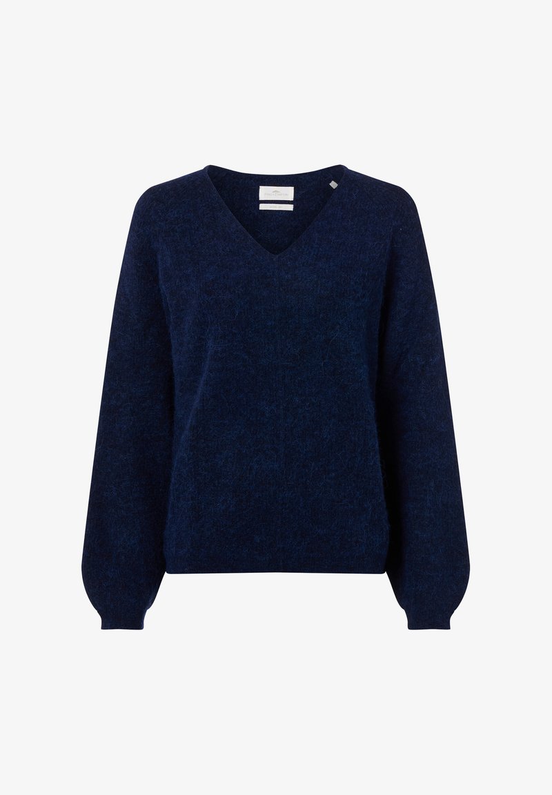 Dunkelblaues, flauschiges Langarm-V-Ausschnitt-Sweatshirt mit lockerer Passform und gerippten Bündchen und Saum.