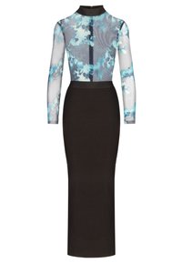 Langärmliges Kleid mit einem durchsichtigen, floral gemusterten Oberteil in Blau und Grau, einem einfarbigen schwarzen Rock, hohem Kragen und figurbetonendem Design.