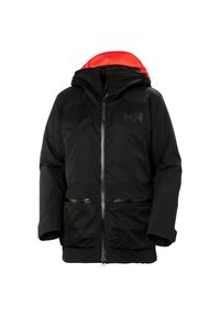 Czarna ocieplana kurtka z kapturem podbitym czerwonym, dwoma zamykanymi na suwak kieszeniami z przodu oraz logo na lewej piersi. Posiada pełny zamek błyskawiczny z przodu.