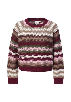 Suéter corto de punto con rayas horizontales texturizadas en burdeos, rosa, blanco, verde oliva y marrón, con puños y escote de canalé.