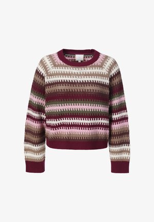 Maglia corta lavorata a maglia con righe orizzontali testurizzate in bordeaux, rosa, bianco, verde oliva e marrone, con polsini e scollatura a coste.