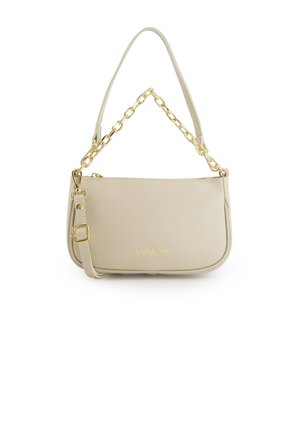 Sac à bandoulière en cuir beige avec poignée chaîne dorée, bandoulière réglable et logo "VENEZIA" discret sur le devant.