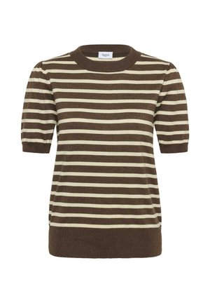 Pull à manches courtes rayé marron et crème avec un col rond, présentant un tissu texturé et des poignets et un ourlet côtelés.