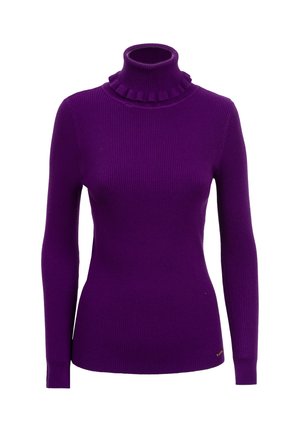 Maglione viola a coste con colletto arricciato e maniche lunghe. Presenta una vestibilità aderente e un sottile logo dorato sulla parte inferiore.
