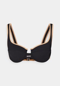 Μαύρο σουτι�έν με μπανέλα και μπεζ λεπτομέρειες, με ρυθμιζόμενους ιμάντες, μπροστινό κούμπωμα και λογότυπο "BOSS" στο κέντρο.