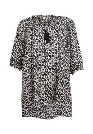 Schwarz-weiß gemusterte Bluse mit geometrischem Muster, gerafftem Halsausschnitt, schwarzen Quastenbändern und elastischen 3/4-Ärmeln.