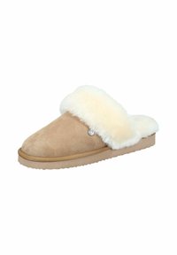 Beige suede slipper with a fluffy white faux fur cuff, rounded toe, and a textured rubber sole for grip. Features a small logo accent.