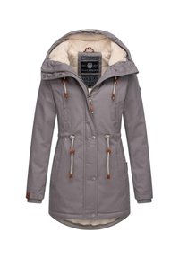 Gray parka jacket with a soft, white fleece interior, drawstring hood, wooden accents, and front zipper with button closure.