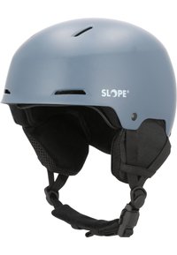 Mattblå skidhjälm med svarta vadderade öronöverdrag, ventilationsöppningar, justerbar hakrem och "SLOPE"-logg på sidan.