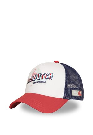 Casquette trucker blanche et bleu marine en mesh avec visière rouge, bouton rouge sur le dessus, et texte "VONDUTCH CALIFORNIA" sur le panneau avant.