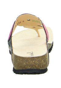 Thong sandal featuring a cork footbed, pink accent strap, and a textured sole for grip. The upper is made of smooth synthetic material.