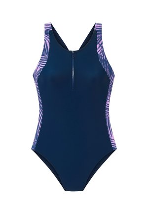 Navy blue one-piece swimsuit with front zipper and pink palm leaf pattern on shoulder straps and side panels.