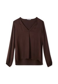 Blusa a maniche lunghe marrone scuro con scollatura a V, realizzata in tessuto morbido, caratterizzata da una vestibilità comoda e leggeri spacchi laterali all'orlo.