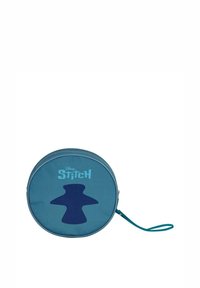 Ronde blauwe hoes met een donkerblauwe silhouetontwerp van Stitch en een blauwe polsband voor gemakkelijk dragen. Duurzaam materiaal met een rits sluiting.