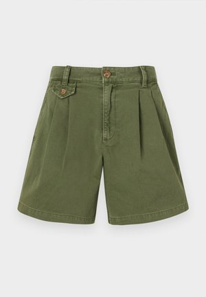 Pantaloni corti color khaki realizzati in cotone, caratterizzati da un design plissettato, un bottone in vita e tasche laterali. Texture liscia e taglio dritto.