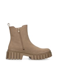 Beige Wildleder-Ankle Boots mit seitlichem Reißverschluss und klobiger Plattformsohle. Besitzt eine gerippte Textur auf der Sohle und eine Zuglasche an der Rückseite.