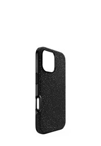 Czarny futerał na smartfon o fakturowanej powierzchni przypominającej małe kropki, z wycięciami na aparat i przyciski. Gładkie krawędzie, wytrzymały materiał.