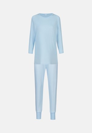 Lyseblåt loungewear sæt med en langærmet top og stribede bukser. Blødt stof med en afslappet pasform. Bukserne har manchetter ved anklerne.