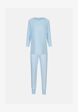 Lyseblåt loungewear sæt med en langærmet top og stribede bukser. Blødt stof med en afslappet pasform. Bukserne har manchetter ved anklerne.