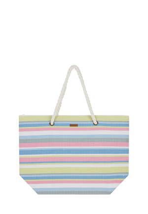 Gestreepte draagtas met lichtgroene, blauwe, roze en grijze tinten. Gemaakt van stof, met een textuur en stevige witte touwhandvatten.