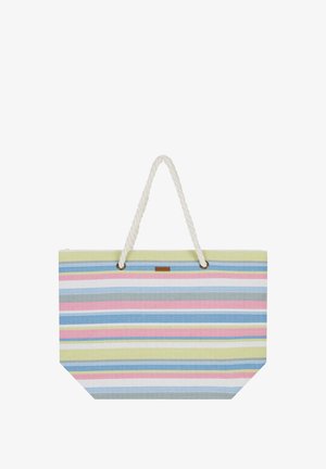 Sac fourre-tout rayé avec des nuances de vert clair, bleu, rose et gris. Fait en tissu, avec une surface texturée et de solides poignées en corde blanche.