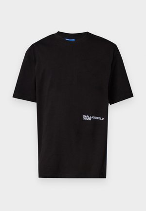 Black cotton T-shirt with short sleeves, crew neck, and white embroidered "KARL LAGERFELD JEANS" logo on the left side near the hem.