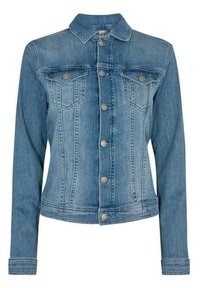 Vaaleansininen farkkutakki, jossa on kärjellinen kaulus, etupockets, napitus ja sauman yksityiskohtia vartalon ja hihojen alueella.