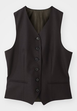 Mørkebrun ermeløs vest med v-hals, seks knapplinger og to sidelommer. Laget av glatt stoff med en klassisk skreddersydd design.