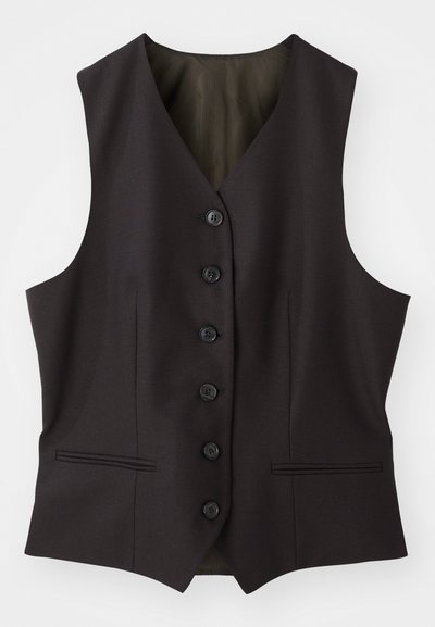 Colete sem mangas castanho-escuro com decote em V, fecho de seis botões e dois bolsos laterais. Feito de um tecido suave com um design clássico e ajustado.