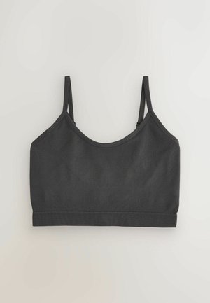 Schwarzes geripptes Bralette mit dünnen verstellbaren Trägern, rundem Ausschnitt und glatter Textur, mit nahtlosem unterem Saum.