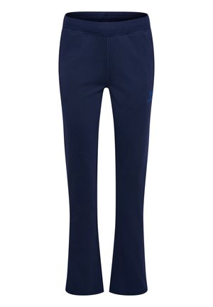 Pantalon de survêtement droit pour femmes en bleu marine avec taille élastique et petit logo sur la cuisse gauche, adapté pour un usage décontracté ou sportif.