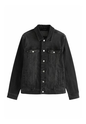 Zwarte denimjas met een klassieke kraag, knoopsluiting, voorzakken en zichtbare stiksels voor extra textuur.