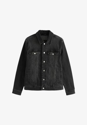 Jachetă din denim negru cu un guler clasic, închidere cu nasturi, buzunare frontale și cusături vizibile pentru un plus de textura.